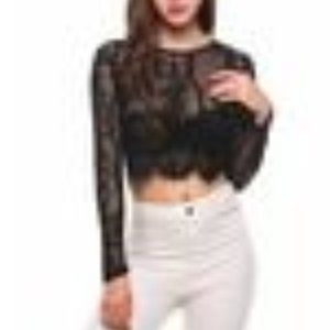 Black Lace See Through Long Sleeve Crop Top